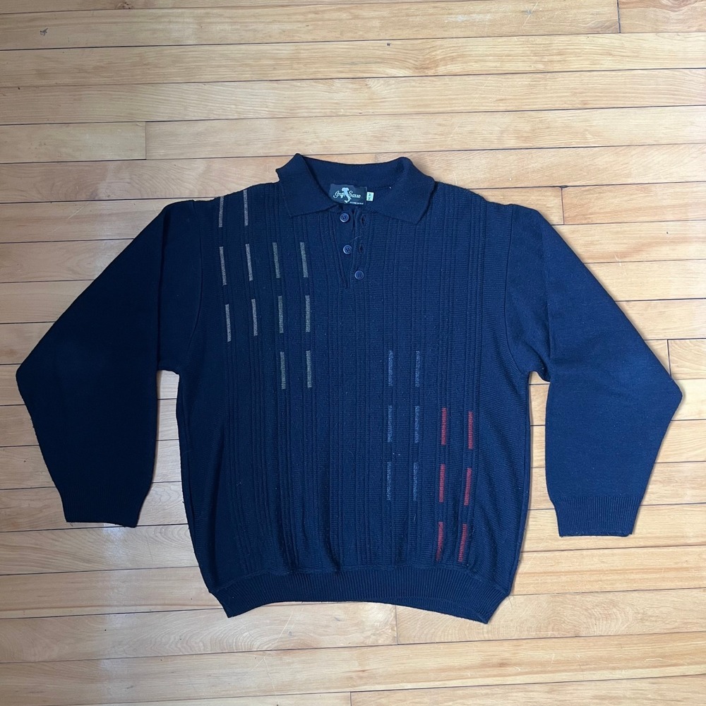 Gran Sasso Mens Navy Blue Textured Knit Polo Sweater Long Sleeve Italian M